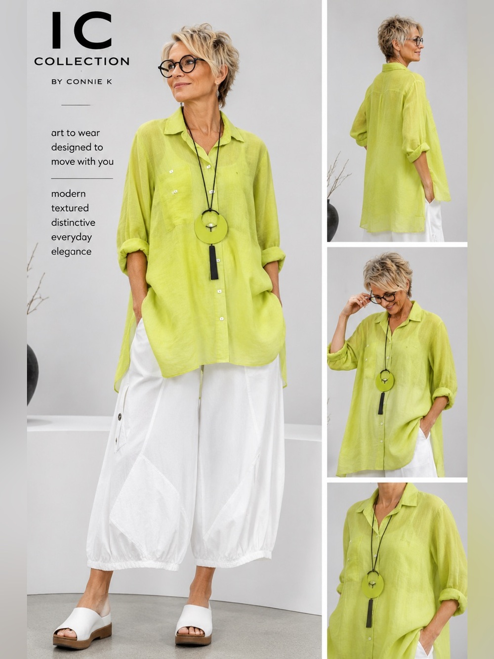 IC COLLECTION CONNIE K SHEER LIME BUTTON DOWN FLOWY ARTIST TOP SZ 3X